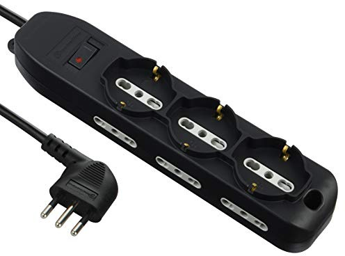 Electraline 61996 Multipresa 9 Posti, 3 Polivalenti, 6 Bivalenti 10/16A, Cavo 2 m, Spina Piccola 10A, Nero