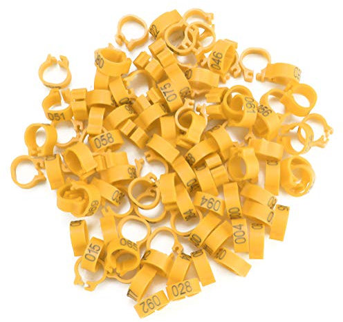 100 Stück 8 mm 001–100 nummerierte Taubenringe, Kunststoff-Identifikations-Beinringe zum Anklipsen an den Beinringen für Küken, Zwergfinken, Tauben, kleine Vögel (gelb)