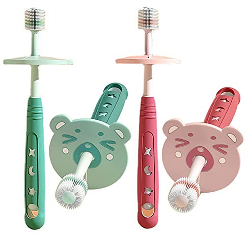 Baby-Zahnbürste, 0–6 Jahre, Kleinkind-Zahnbürste, Baby-Zahnbürsten mit Sicherheitsschildern, extra weiche Borsten für das Zahnfleisch des Babys, Rot und Grün, 2 Stück