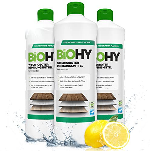 BiOHY Wischroboter Reinigungsmittel (3 x 1 Liter) | Bodenreiniger Mittel für Holzböden | Laminat & Parkettpflege | streifenfreier Glanz auf wasserfestem Holz | schaumarmes Konzentrat