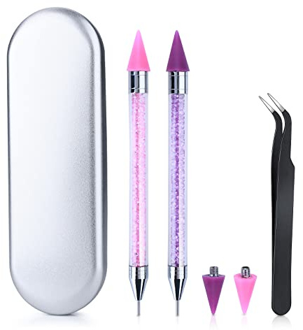 Outil Nail Art de Sélection de Strass Crayons pour Strass Diamant Peinture Stylos d'Embellissement 2pcs Crayons Strass à Double Extrémité avec 2 Ppointes de Cire Supplémentaires 1pc Pince à Epiler