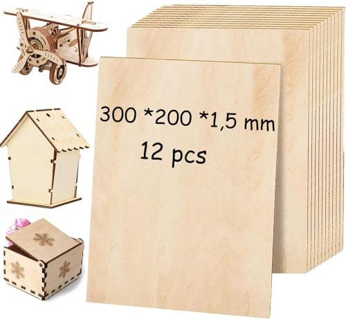 AKOLAFE Lot de 12 Contreplaqué 1,5 mm Panneau de Contreplaqué 300 x 200 x 1,5 mm Panneau Bois A4 Planche de Bois Contreplaqué Naturel pour Pyrogravure Bricolage Artisanate en Bois Modèles et Peintures