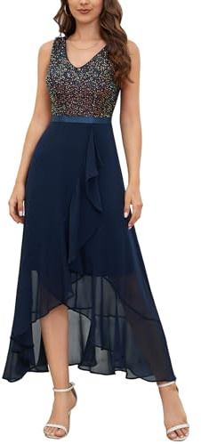 Berylove Abito da sera da donna, lungo, elegante, per matrimonio, con glitter, abito da festa, con spacco, S