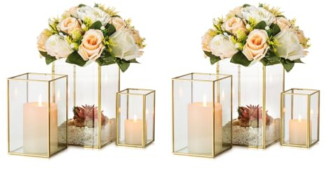 Glass Hurricane Candle Holder Large - Hewory 6pcs Gold Rectangle Flower Holders Centerpiece for Table, Tall Floor Square Pillar Candle Lantern for Wedding, Anniversary, Party, Fireplace, Dining Room