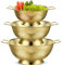 Bokon 3 Pcs Stainless Steel Colander Set Colander Bowl and Sieves 1/3/5 Quart Metal Mesh Strainer Net Basket with Handles Food Spaghetti Strainer for Kitchen Draining Pasta Rinsing(Gold)