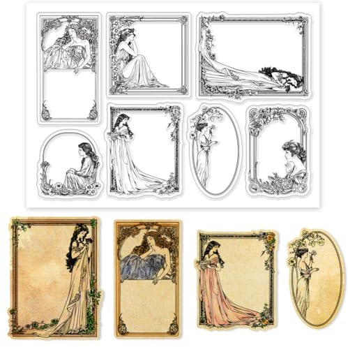 GLOBLELAND Sellos transparentes de silicona con borde de mujer vintage para mujer, marco de flores, sellos transparentes para manualidades, álbumes de recortes, tarjetas, álbumes de fotos, diario