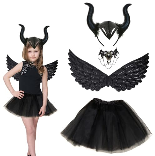 Set di 4 Costume da Diavolo per Bambini, Costume Malefica di Halloween, Cerchietto Corna Diavolo Halloween, 1Horns Headdress+ 1 Nero Ali+ 1 Vestito Tutu+ 1 Collana di Pizzo, per halloween, Carnevale