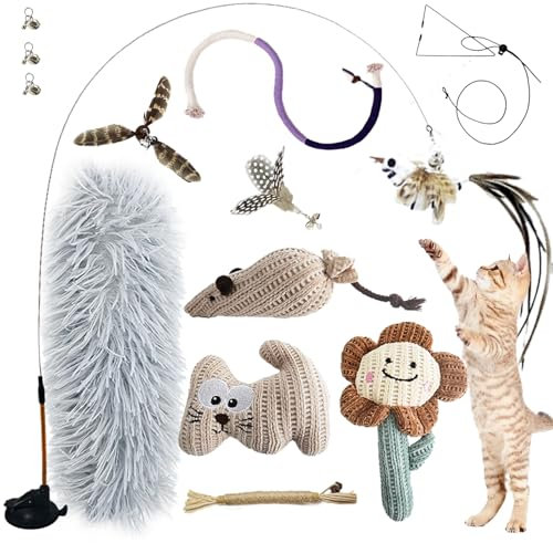 CUUOOT 7-in-1 Interaktives Katzenspielzeug Selbstbeschäftigung Katzenangel mit waschbarem Saugnapf, Hängendes Katzenspielzeug, Katzenminze Stick und Katze Beißseil Kauspielzeug Feder
