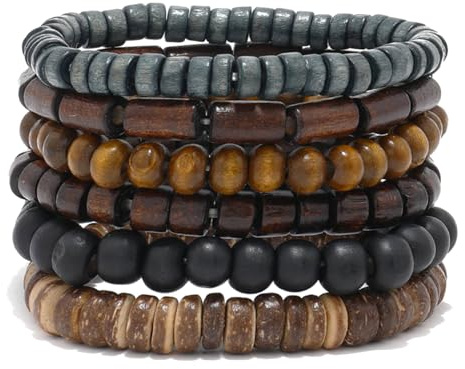 MILAKOO 5 st stretcharmband i trä för kvinnor män meditation bön mala-naturpärlor armband, Adjustable (7.5-9 inches), Träpärlor, elastiskt rep, legering, Ingen ädelsten