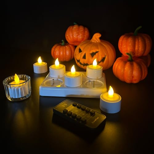 EuroFone Rechargeable LED Flameless Tealight Candles, 6pcs Battery Operated Candles with Remote Control and Timer, Charging Station for Home Room Table Halloween Christmas Decor