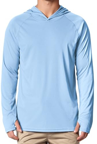 Peakwell Mens UV Shirts Sun Protection Hoodie Rash Vest Tops, Sky Blue, XL