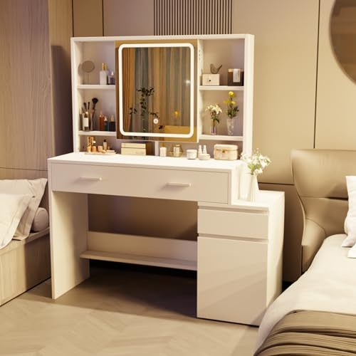 JUMMICO Schminktisch mit LED-Beleuchtung, Einstellbare Helligkeit&Farbtemperaturen, Organizer Schminktisch Spiegel mit Licht, Frisiertisch mit Schubladen und verstellbaren Ablagen, 110x40x140cm