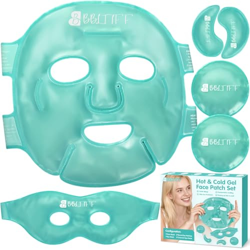 BBLTIFF Masque Visage Froid et Masque Yeux Froid en Gel Réutilisables, Avec x4 Patch Yeux, Kit Soin des Visage à Sangles Réglables, pour Soulager La Fatigue et Les Migraines(6 Pièces)