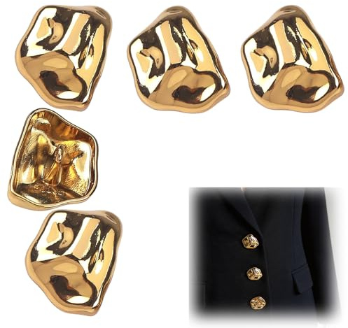 ANBOO Gold Buttons for Blazer, 5Pcs 23x22mm Vintage Alloy, Polished Mirror Finish Irregular Pattern - Replacement Buttons for Coat, Cardigan, Jeans, Trousers, DIY Sewing