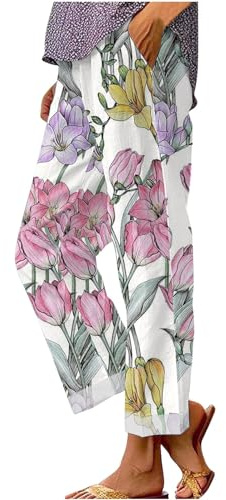 Pantaloni corti da donna casual in cotone e lino, gamba dritta, vita elastica, tropicale, floreale, grafica, pantaloni capri, con tasche, estivi, alla moda, da spiaggia, per vacanze, Viola, L