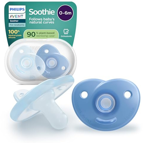 Philips Avent Soothie-nappar, ortodontisk napp för nyfödda 0–6 månader, Design i ett stycke, sugdel i flexibelt silikon minskar tryck, BPA-fri, med steriliseringsfodral, 2-pack, blå, SCF099/26