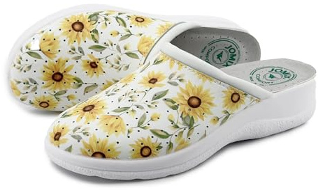 JOMIX Sabot Donna Comodi da Casa Ciabatte Zeppa Anziani Anatomiche e Ortopediche Pantofole con Plantare Morbido e Leggero Zoccoli Lavoro da Cucina e OSS, ITD2210, Girasole, 39 EU