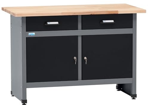 Küpper Banco da lavoro 12059, 120 x 84 x 60 cm, 2 cassetti, 2 ante, portata 300 kg, piano di lavoro in faggio massiccio da 30 mm (nero)