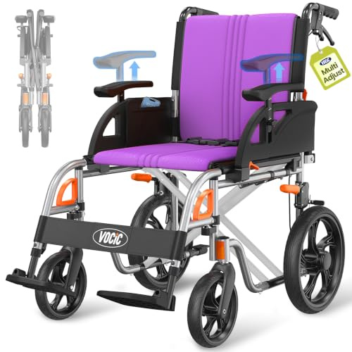 VOCIC U12 Lightweight Folding Wheelchair, 13kg, Multi-Point Ergonomic Fit | Lightweight Transport Aluminium Wheelchair for Adults,Up to 136kg,Dual Brakes, 3D Comfort Cushion, 30cm Large Wheels,Purple