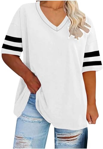 Tee Shirt Femme Oversize Teeshirt à Manches Courtes Tee-Shirt Col V Tshirt Décontracté T Shirt Long Vêtements Fin Cut Vetement de Sport Habit Ete Haut