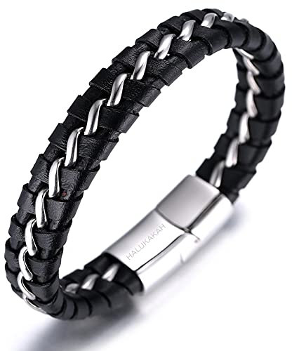 Halukakah Kinder ● Solo Junior ● Jungen Armband Handgefertigt | Echtleder Klassisch Schwarz | Magnetverschluss Edelstahl in Silber | mit Titan Kette in Silber | 6-12 Y/O. 18cm