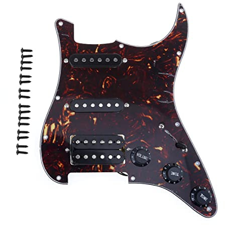 Musiclily 11-Hole HSS Prewired Strat Loaded Pickguard Scratch Plate with Single Coil Humbucker Pickups Set for Squier Strat Style Electric Guitar, 4Ply Tortoise Shell