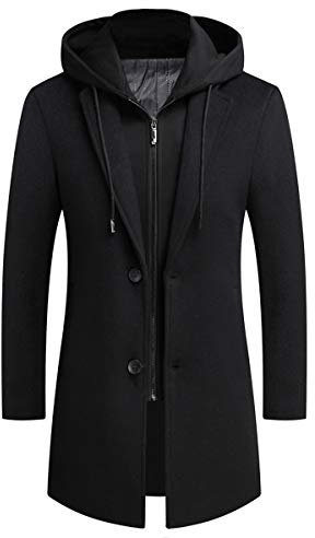 PRIJOUHE Men's Wool Coat Hoodie Long Trench Coat Cotton Casual Woollen Overcoat Jacket