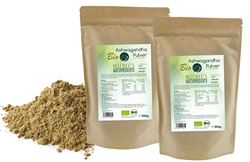 Michel`s Naturprodukte Ashwagandha Pulver BIO - 1kg (2x500g), 100% echtes indisches Bio Ashwagandha Pulver aus kontrolliert biologischem Anbau, Sehr Fein Gemahlen, Vegan, Gluten- & Laktosefrei