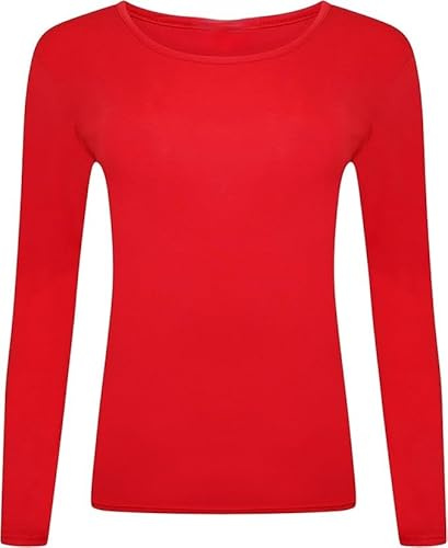 New Ladies Long Sleeve Round Neck Plain Basic Women's Stretch T-Shirt (Red, 10)