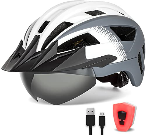 FUNWICT Casco Bici per Uomo Donna Adulto, Leggero MTB con Visiera Rimovibili Occhiali Magnetici e LED Luce Ricaricabile, Ciclismo da Corsa (L: 57-61 cm, Bianco Grigio)