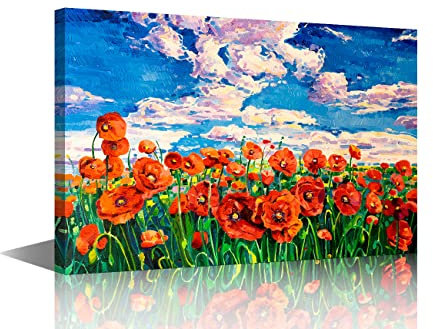 TISHIRON Red Poppies Flowers Canvas Prints Wall Art Flower Field under the Setting Sun Oil Paintings Pictures for Home Decorations Modern Stretched and Framed Giclee Artwork 8x12 inch