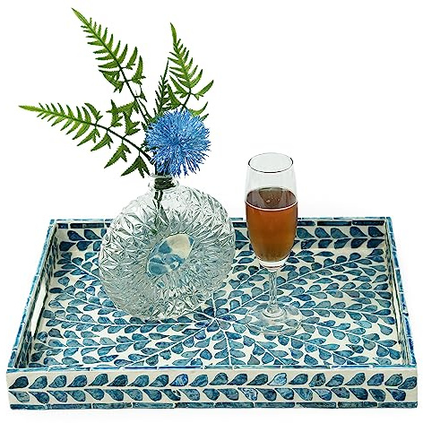 CLAYNIX Serving Tray 15.7 X11.8, Lacquer Mother of Pearl Inlay Mosaic Tray, Rectangle Wooden Marble Tray with Handles Trays for Tea, Breakfast in Bed, Table (Blue)