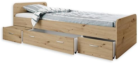 BORO Modernes Einzelbett mit 3x Schubkästen 90 x 200 cm - Praktisches Jugendzimmer Kojenbett in Artisan Eiche Optik - 95 x 66 x 204 cm (B/H/T)