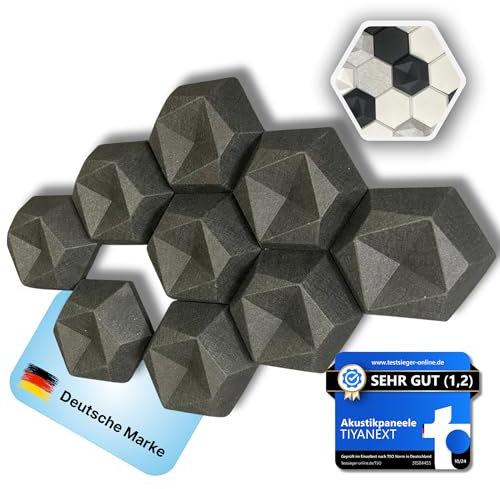 TIYANEXT® Akustikpaneele Hexagon [9 Stk.] | Individuell kombinierbare Schallabsorber für Wand | Geräuschdämmung & Stil für Zuhause & Büro (Schwarz, 3D)