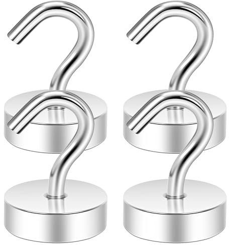 Neosmuk Lot de 4 crochets magnétiques extra puissants pour camping, atelier, casier, porte-manteau avec aimant en néodyme pour accessoires d'extérieur et de croisière, argentés, 18 kg