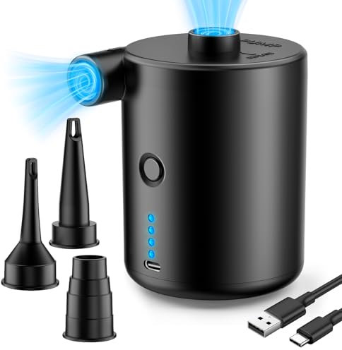 BOSONER Bomba de Aire eléctrica con batería: 4000 mAh, Recargable, Mini Bomba de Aire eléctrica con 3 boquillas de Aire, inflado rápido para Botes hinchables, Piscinas Infantiles, colchón Inflable