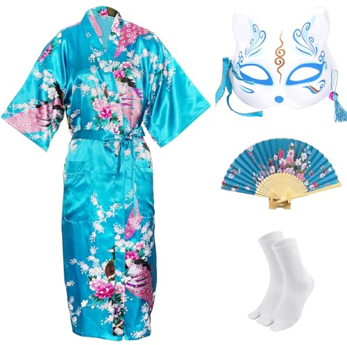 CRFASIBE Kimono Robe Japonés para Mujer, Japonés Traje Tradicional para Fiestas, Kimono Estampado Peacock con Máscara, Ventilador Manual y Calcetines Set Completo(Azul,3XL)