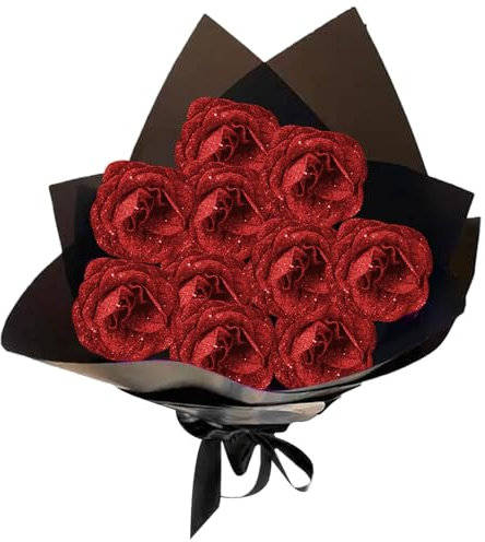 Wedhapy Bouquet de Roses Glitter 1 Ensemble de Bouquet de Rose Artificiel réaliste Comprend 10 Rose, 10 Tige, 2 Papier d'emballage et 2 Ruban Romantique de Fleurs éternelles pour Le Mariage, la Sain