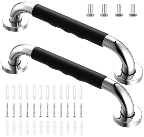 2 Pcs Bathroom Grab Rails for Elderly, Grab Bar Rail Hand Rails, Stainless Steel Handrail Auxiliary Handle, Non-Slip Indoor Outdoor Safety Handles for Shower Kitchen Bedroom Bathtub Steps(11.8)