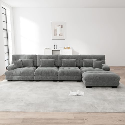 Rvjiahe Divano angolare modulare, set divano ad angolo a forma di L per soggiorno, comode poltrone Cloud a 4 posti con sgabello mobile, combinazione fai-da-te (Grigio+4 posti)