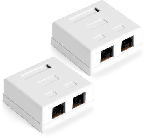 AOOSU CAT 6A Network Socket Surface-Mounted, 2 Pieces 2 Port RJ45 Socket Shielded Junction Box 10 Gbps Ethernet Network LAN Socket for Wall Office Home Industry