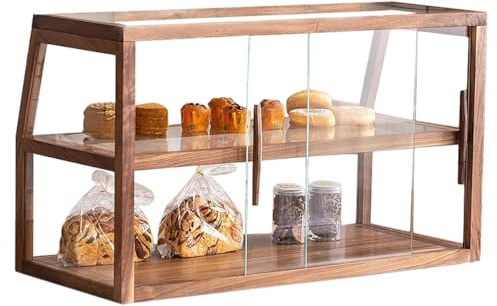 Gebäckvitrine, trapezförmig, Bäckerei, 2-stöckig, Holzvitrine, gewerbliche Thekenvitrine, Kuchenvitrine, Klarglasvitrine, Brotkasten, Aufbewahrungsschrank, Sideboards für Laden, Party (Braun)