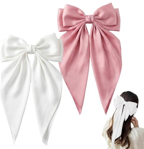UZEXYO 2 Pcs Large Bow Hair Clips Pink and White Hair Bow for Women Girls Silky Long Tail French Barrettes for Ponytail Wedding Party Accessories