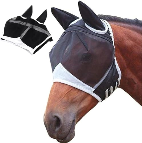 Máscara antimoscas para caballo, color negro, protección UV, máscara grande para caballos con orejas, cierre de y red transpirable para pony de sangre caliente, protección UV contra insectos (blanco