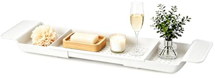 BREEZENEST Adjustable Bathtub Caddy Tray 56-78cm Expandable Bath Rack Shelf Retractable Bathtub Organizer with Drain Holes for Wine Glass Book Tablet Phone Candles Bathroom Accessories White