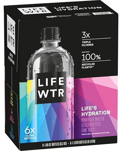 LIFEWTR Premium Purified Water, pH Balanced with Electrolytes, 100% recycled plastic bottles, 33.8 Fl Oz, 1L (Pack of 6)