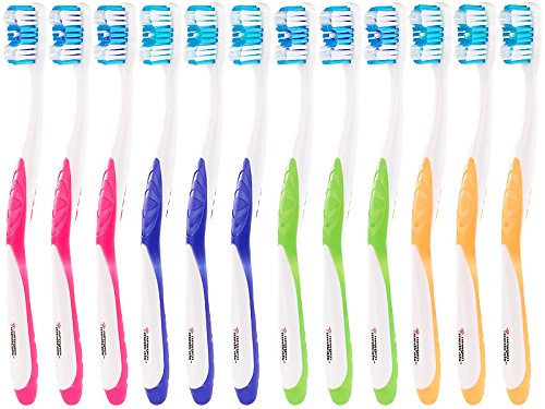 newgen medicals Reisezahnbürste: 12er-Pack Marken-Zahnbürsten mit Zungenreiniger, MEDIUM, 4 Farben (Zahnbürsten Hand, Marken-Handzahnbürsten, Kratzer Entferner)