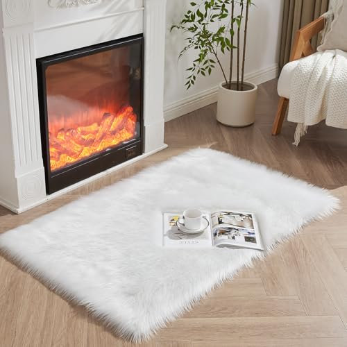 HEQUN Faux Fur Rug, Fluffy Rug, Shaggy Rugs,Faux Sheepskin Rugs Floor Carpet for Bedrooms Living Room Kids Rooms Decor (White, 60 X 90 CM Square)