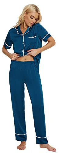 GOSO Ladies Satin Pyjamas, Women Pyjamas Button Down Pjs for Women Sets Long Sleeve Sleepwear Lady Nightwear Soft Lounge Sets Plain Green