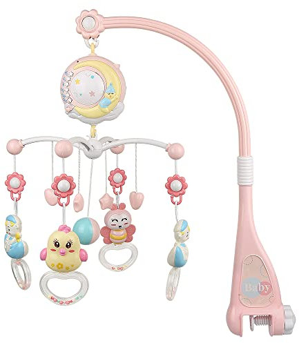 Mobile Musical Lit Bébé, Mobile pour Lit de Bébé avec Lit Bébé Rotatif à 360° avec Projecteur Lumières Hochet Suspendu, Mobile Lit Bébé avec Boîte à Musique Jouet Rotatif pour 0-24 Mois (rose)